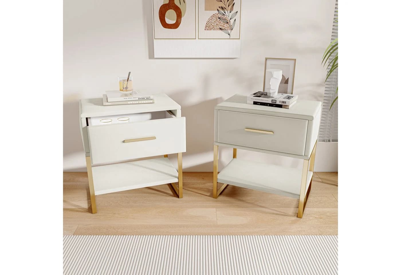 Simurq Nachttisch Samt Beige Gold Metallrahmen LED - Bild 2