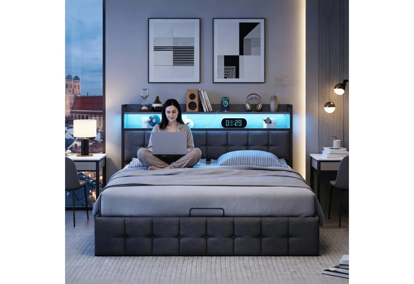 Simurq Polsterbett 140x200 mit Stauraum, LED & USB - Bild 3