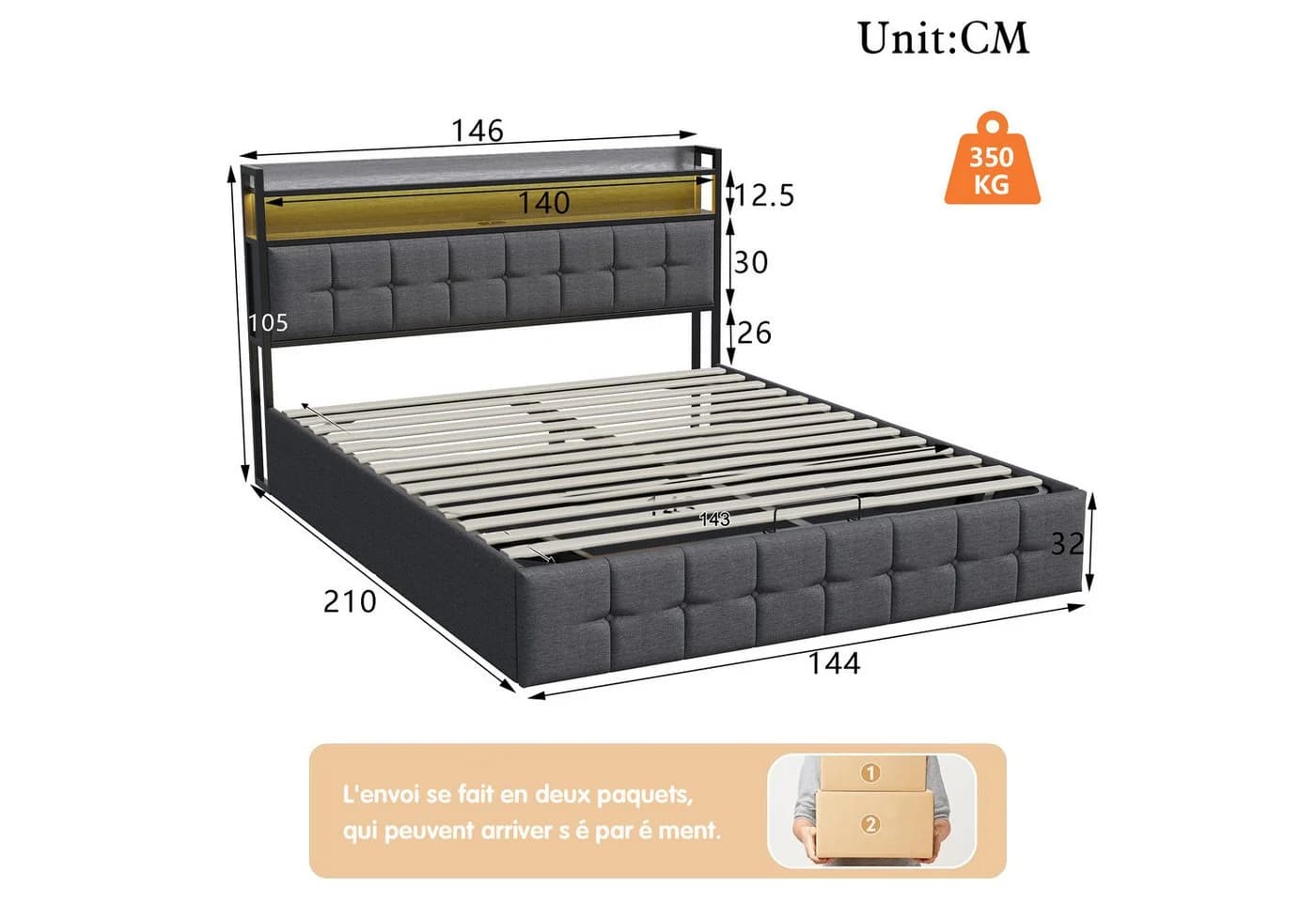 Simurq Polsterbett 140x200 mit Stauraum, LED & USB - Bild 4