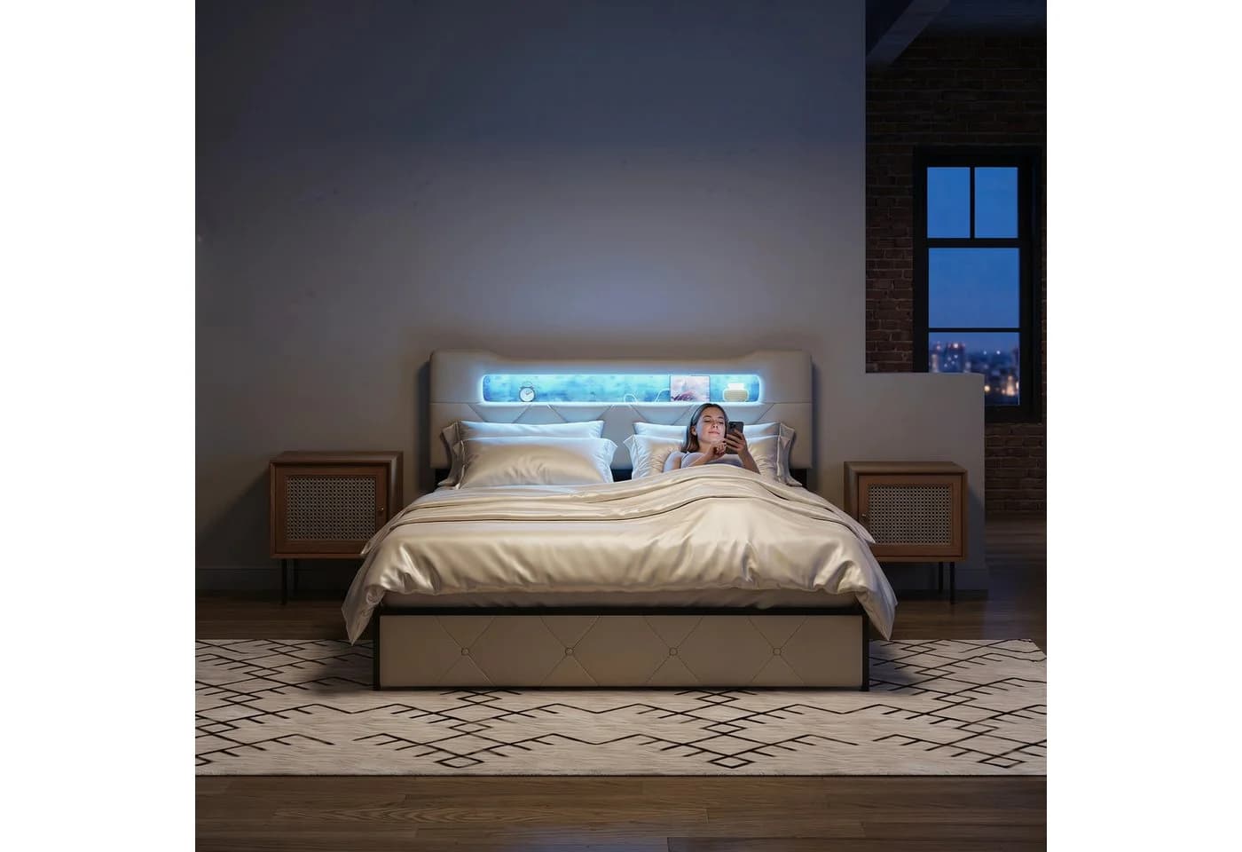Simurq Polsterbett 140x200 Samt Beige/Grau mit LED & Stauraum