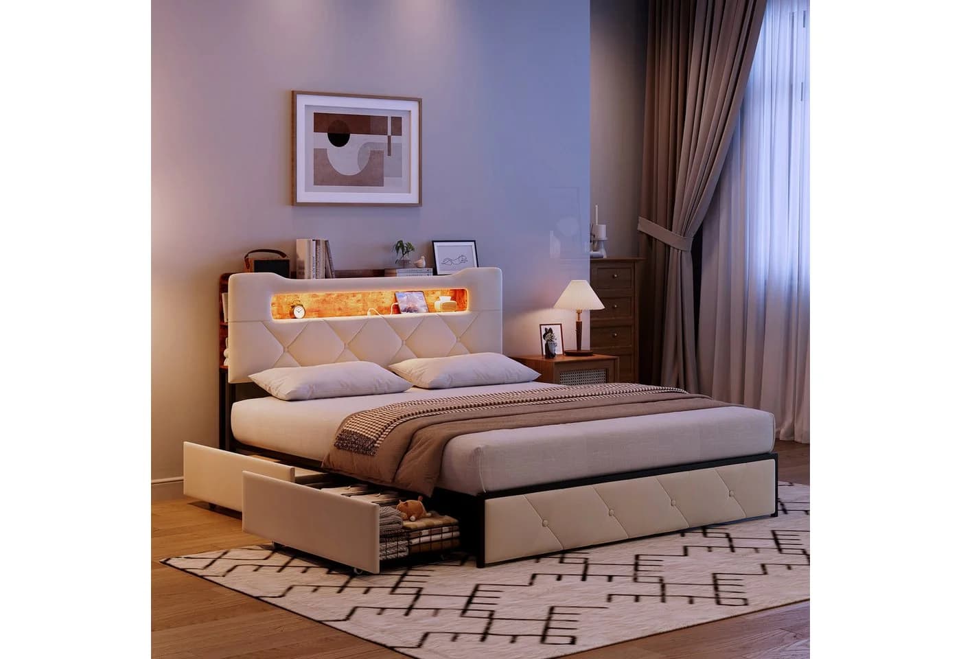 Simurq Polsterbett 140x200 Samt Beige/Grau mit LED & Stauraum - Bild 2
