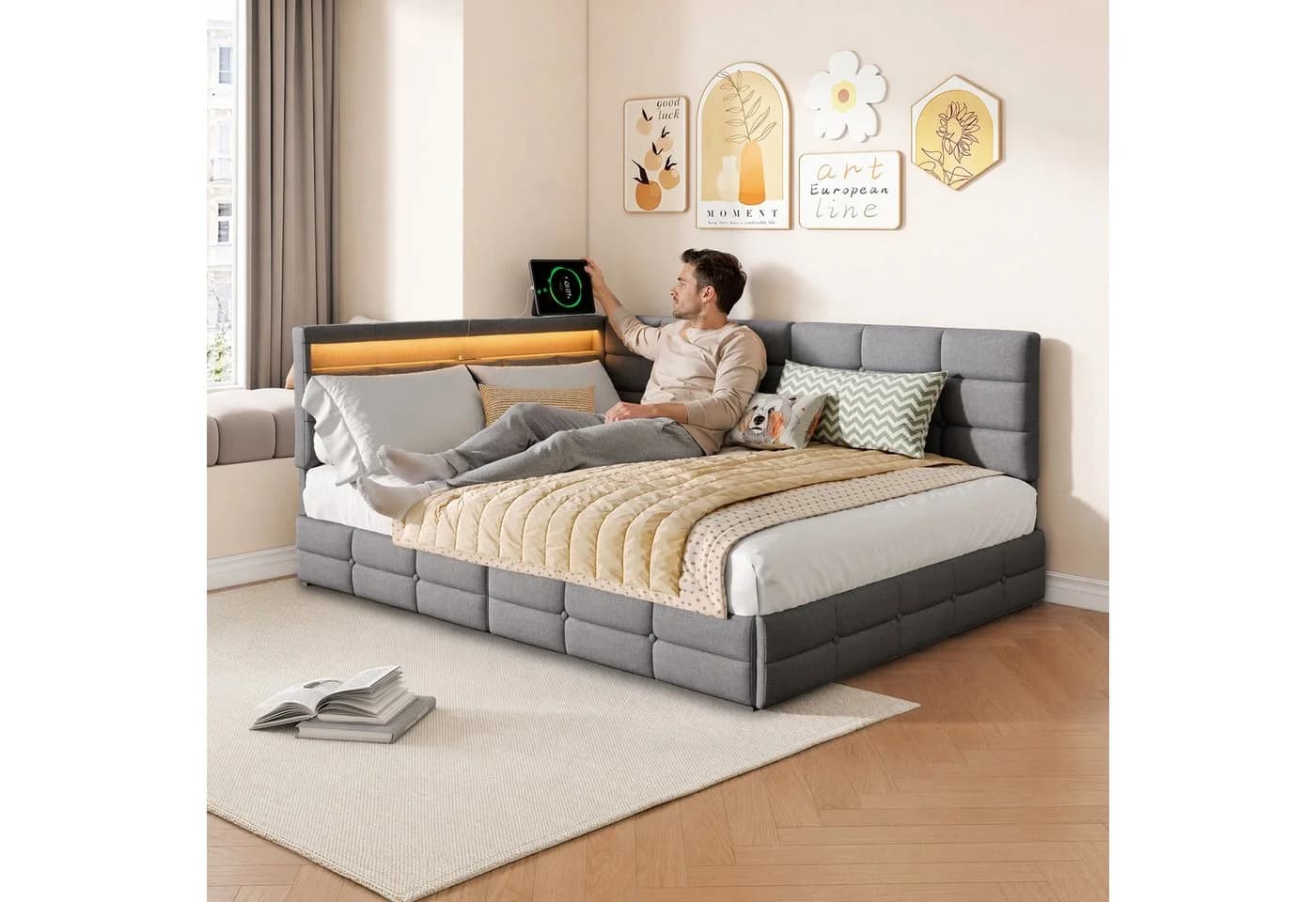 Simurq Polsterbett mit Stauraum und LED Beige/Grau