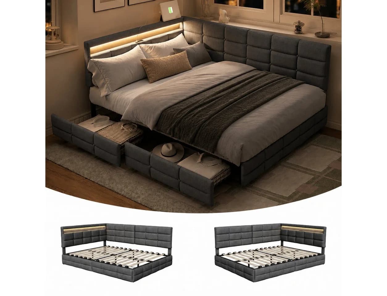 Simurq Polsterbett mit Stauraum und LED Beige/Grau - Bild 2