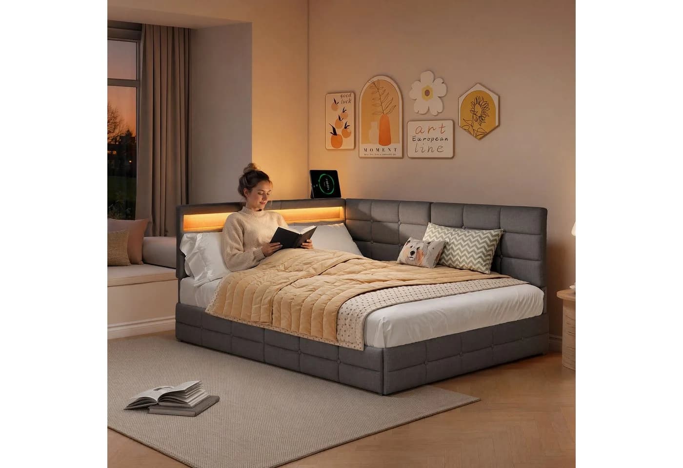 Simurq Polsterbett mit Stauraum und LED Beige/Grau - Bild 3
