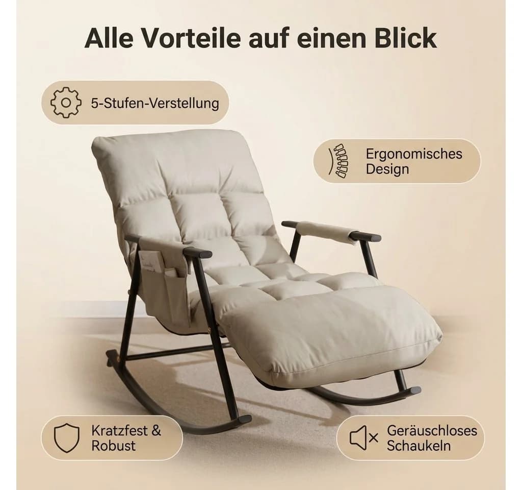 POPOLIC Schaukelstuhl Grau Ergonomisch mit Fußstütze & Seitentasche - Bild 5
