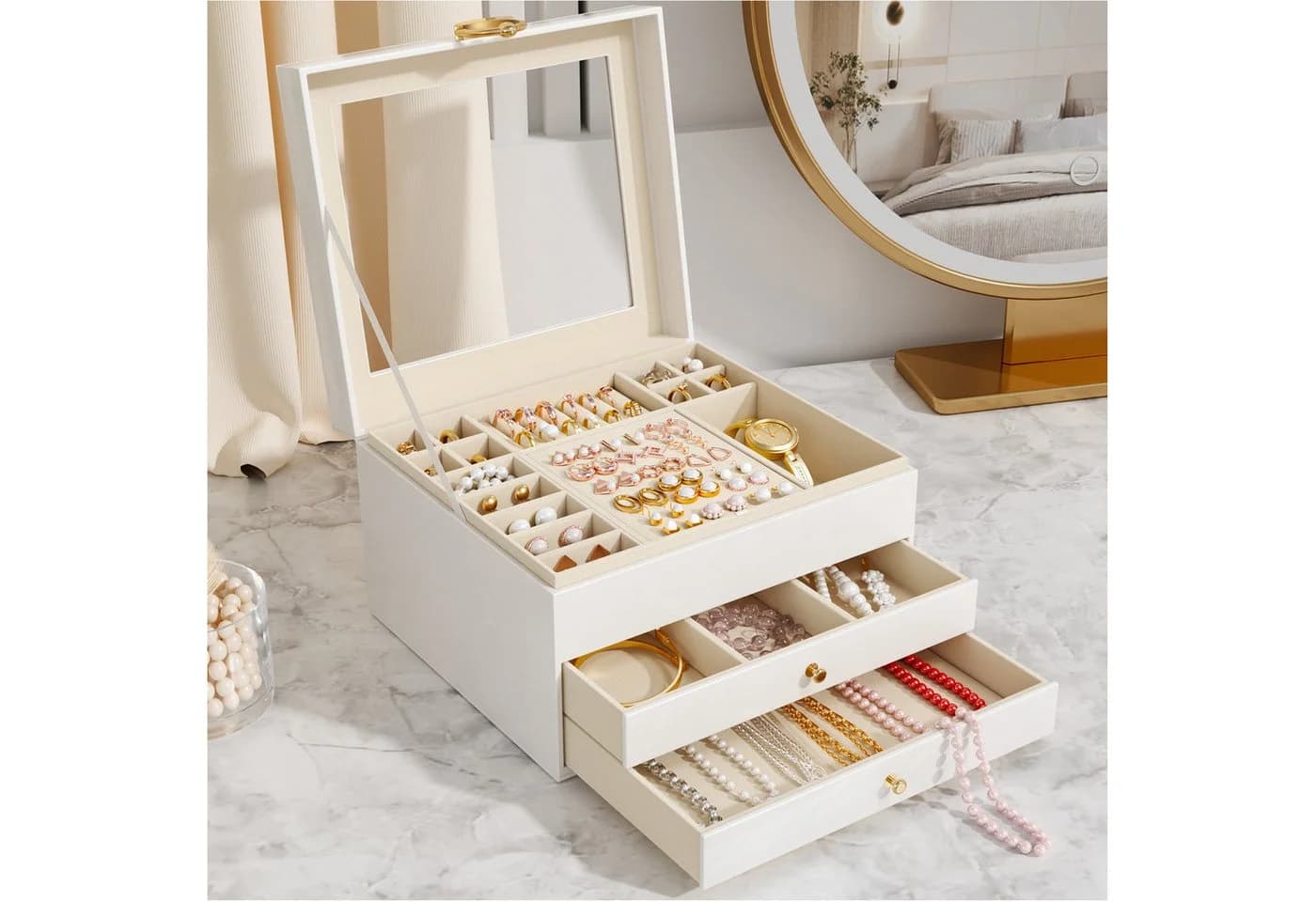 POPOLIC Schmuckkassette 3-stöckig Weiß Beige Gold mit Sichtfenster