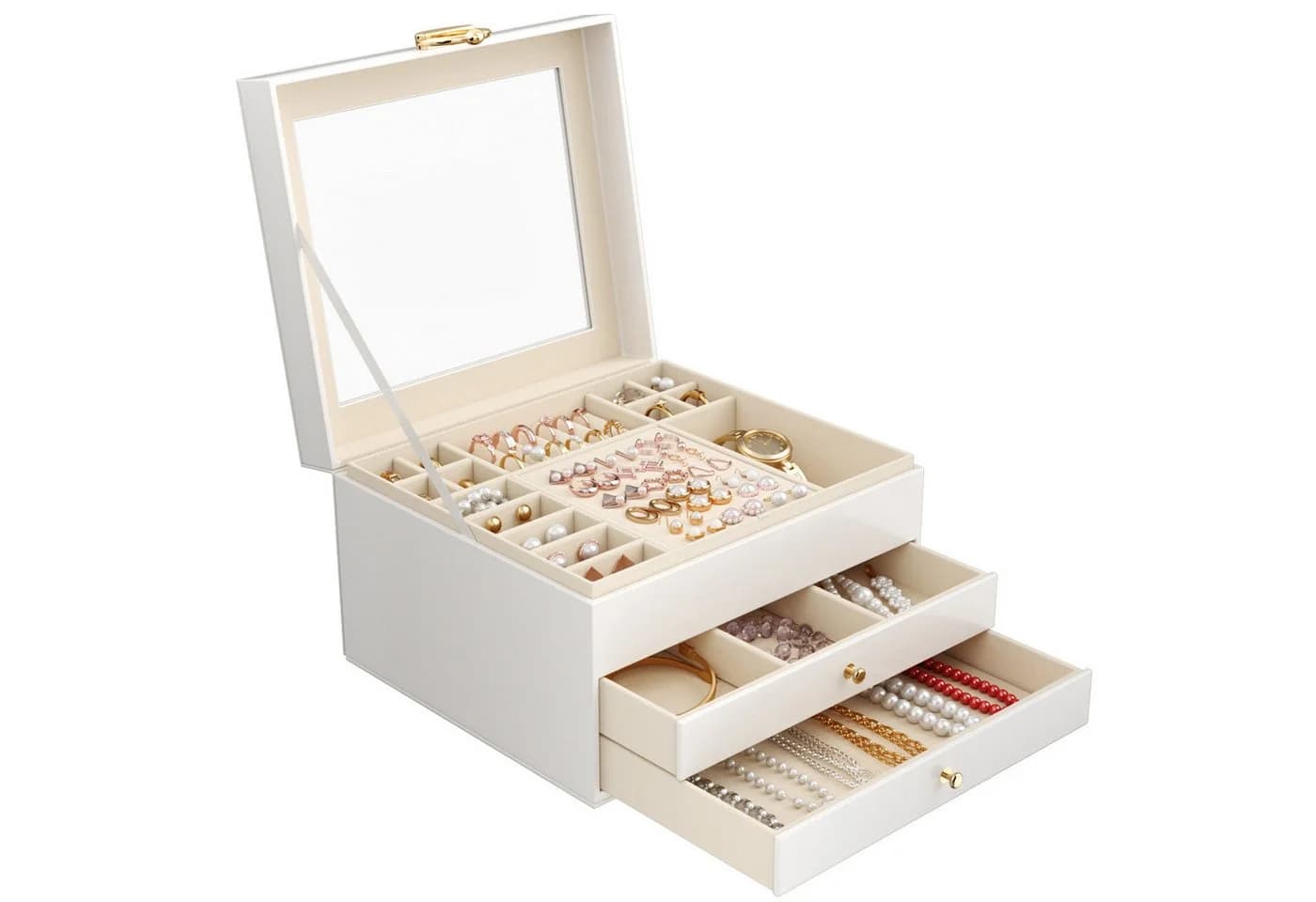 POPOLIC Schmuckkassette 3-stöckig Weiß Beige Gold mit Sichtfenster - Bild 2