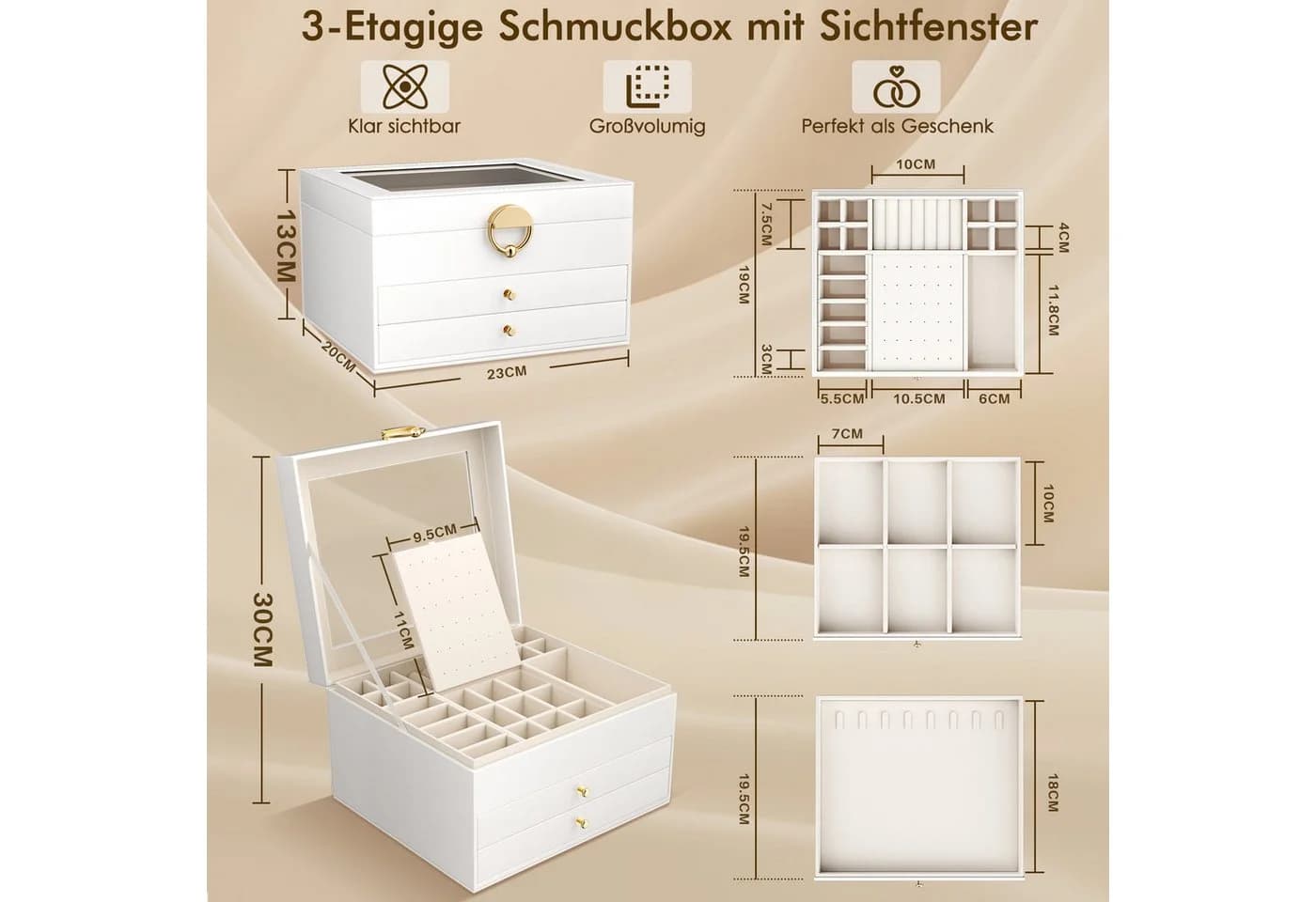 POPOLIC Schmuckkassette 3-stöckig Weiß Beige Gold mit Sichtfenster - Bild 3