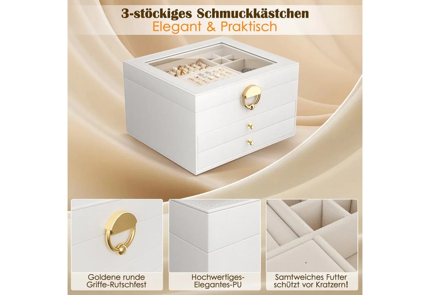 POPOLIC Schmuckkassette 3-stöckig Weiß Beige Gold mit Sichtfenster - Bild 4