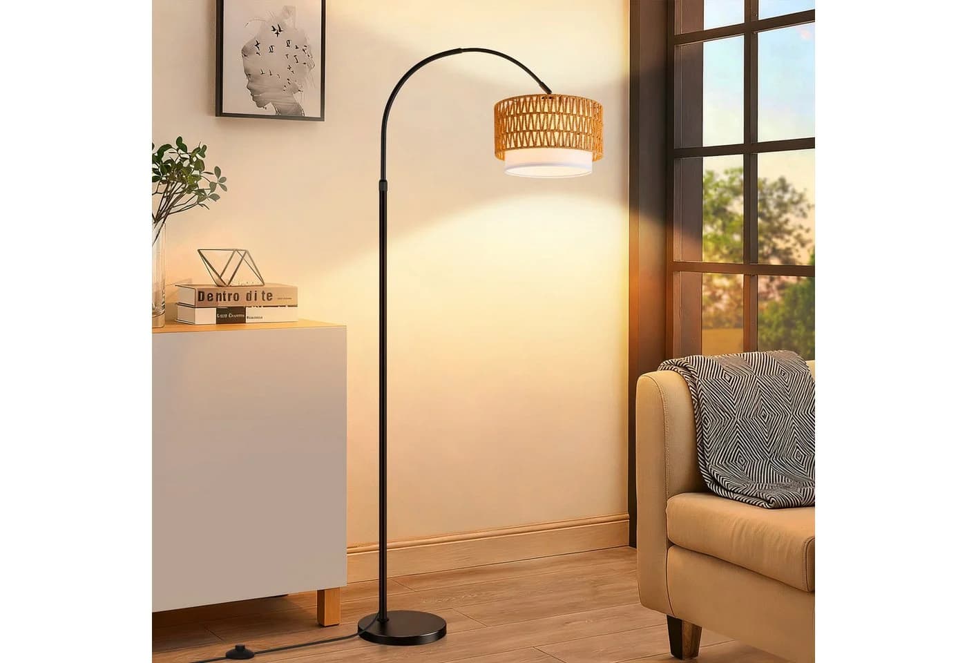 ZMH Stehlampe Boho Rattan Bogenlampe E27 LED dimmbar - Bild 2