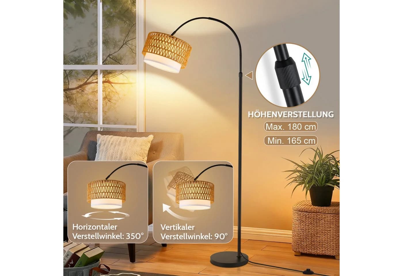 ZMH Stehlampe Boho Rattan Bogenlampe E27 LED dimmbar - Bild 4