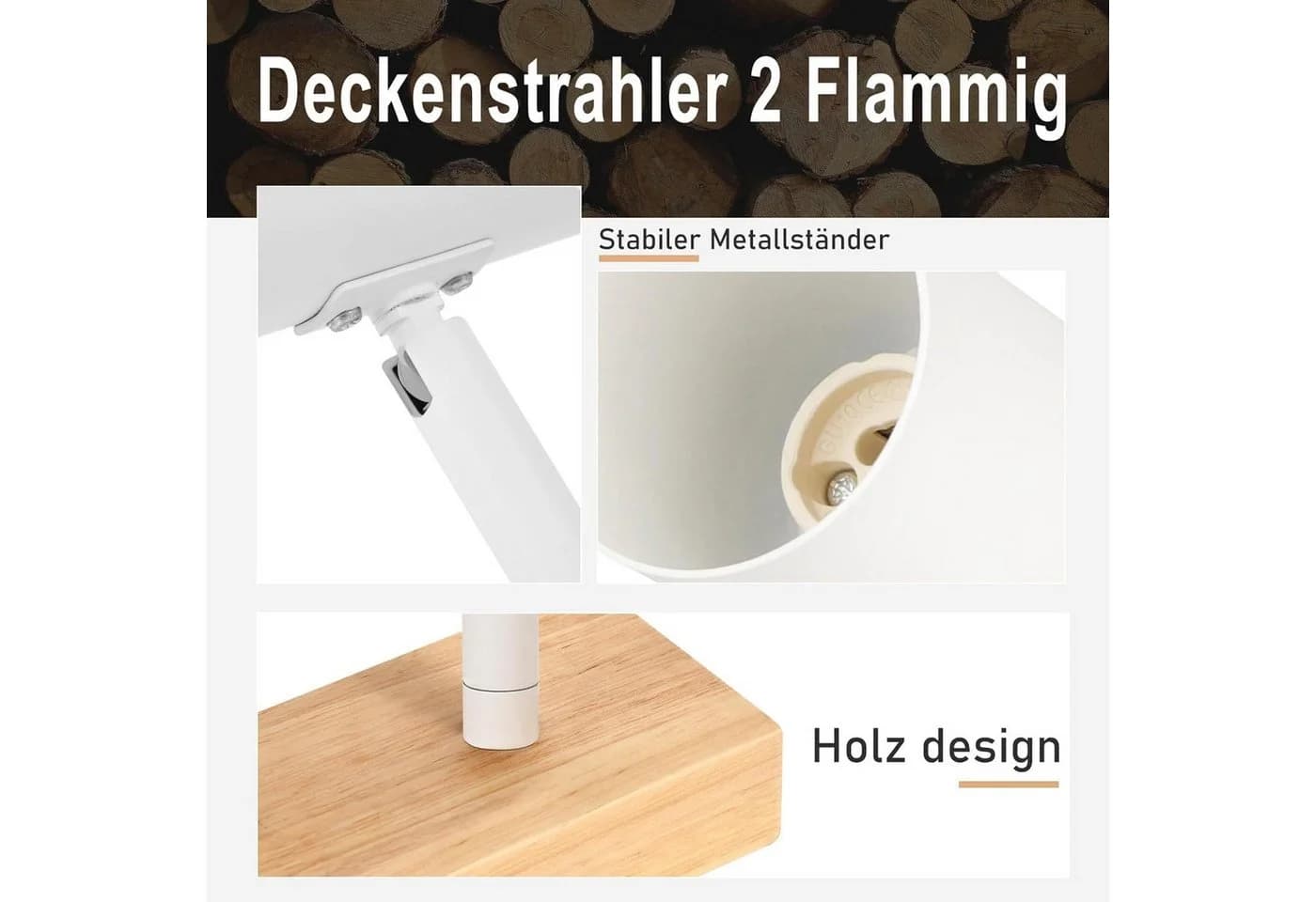 ZMH Deckenstrahler GU10 Modern Weiß Metall Holz 330° Schwenkbar