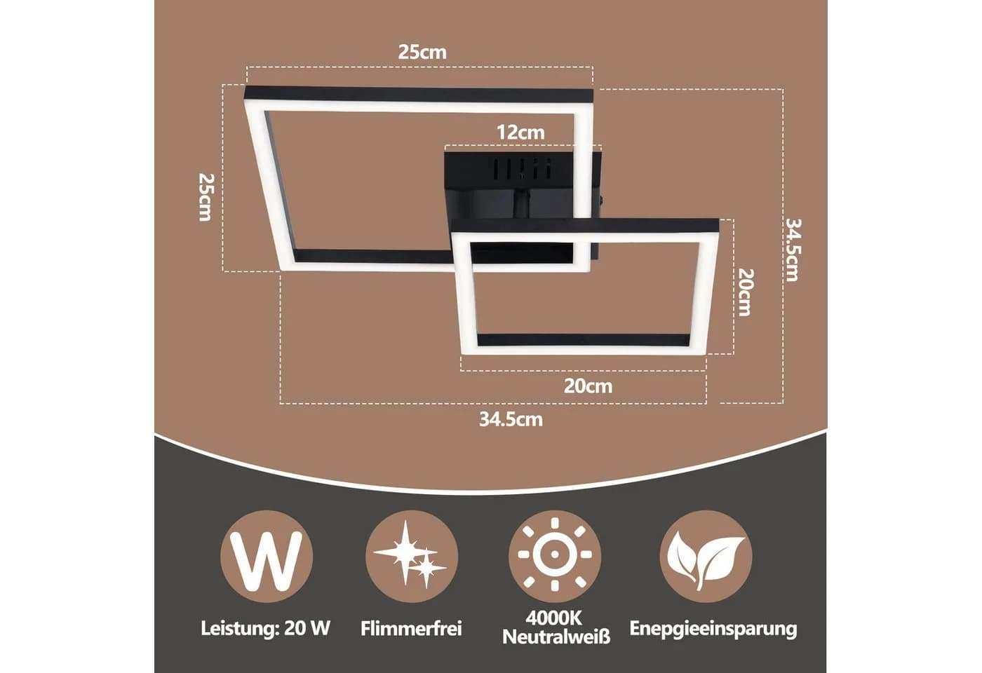 ZMH LED Deckenleuchte Wohnzimmer Quadratisch Schwarz