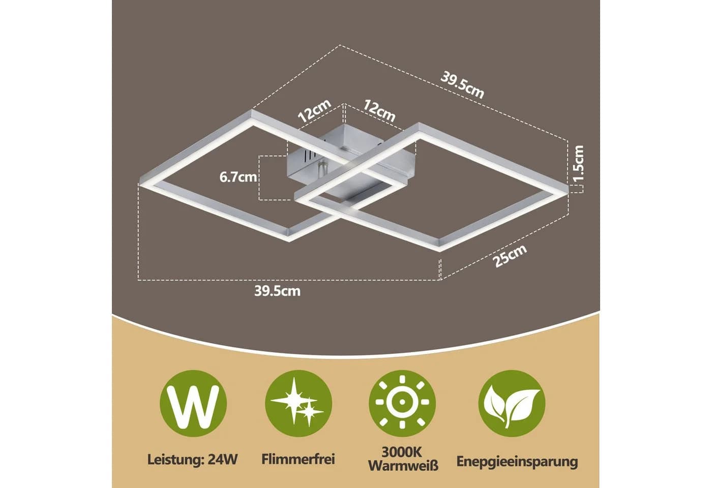 ZMH LED Deckenleuchte Modern Schwarz Quadratisch Drehbar 3000K