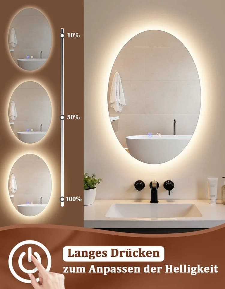 ZMH LED Badspiegel Oval mit Beleuchtung, Touch-Schalter & Entfogger - Bild 3