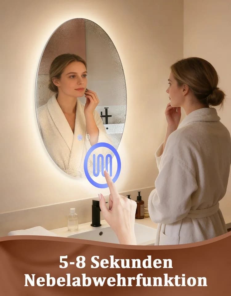 ZMH LED Badspiegel Oval mit Beleuchtung, Touch-Schalter & Entfogger - Bild 4