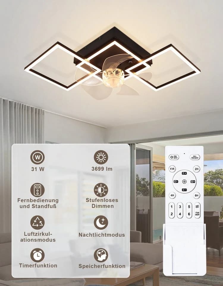 ZMH Deckenventilator mit Beleuchtung Schwarz Dimmbar Fernbedienung