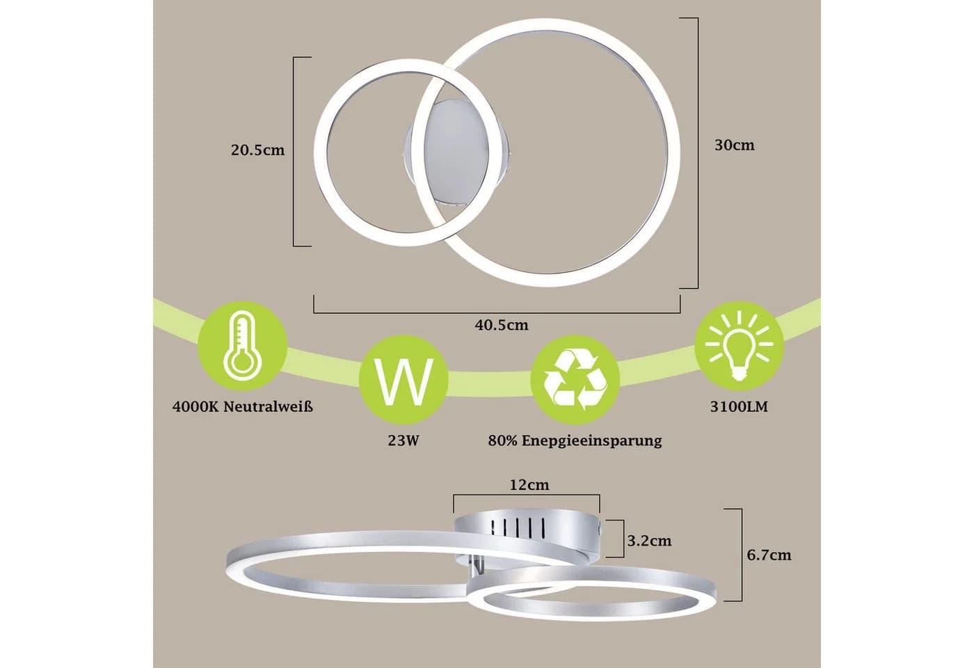 ZMH LED Deckenleuchte 23W Weiß Silber Modern 2-Ringe Design - Bild 3