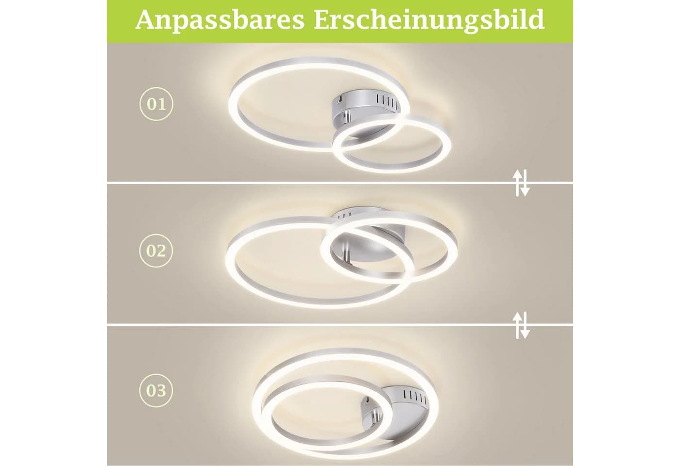 ZMH LED Deckenleuchte 23W Weiß Silber Modern 2-Ringe Design - Bild 4