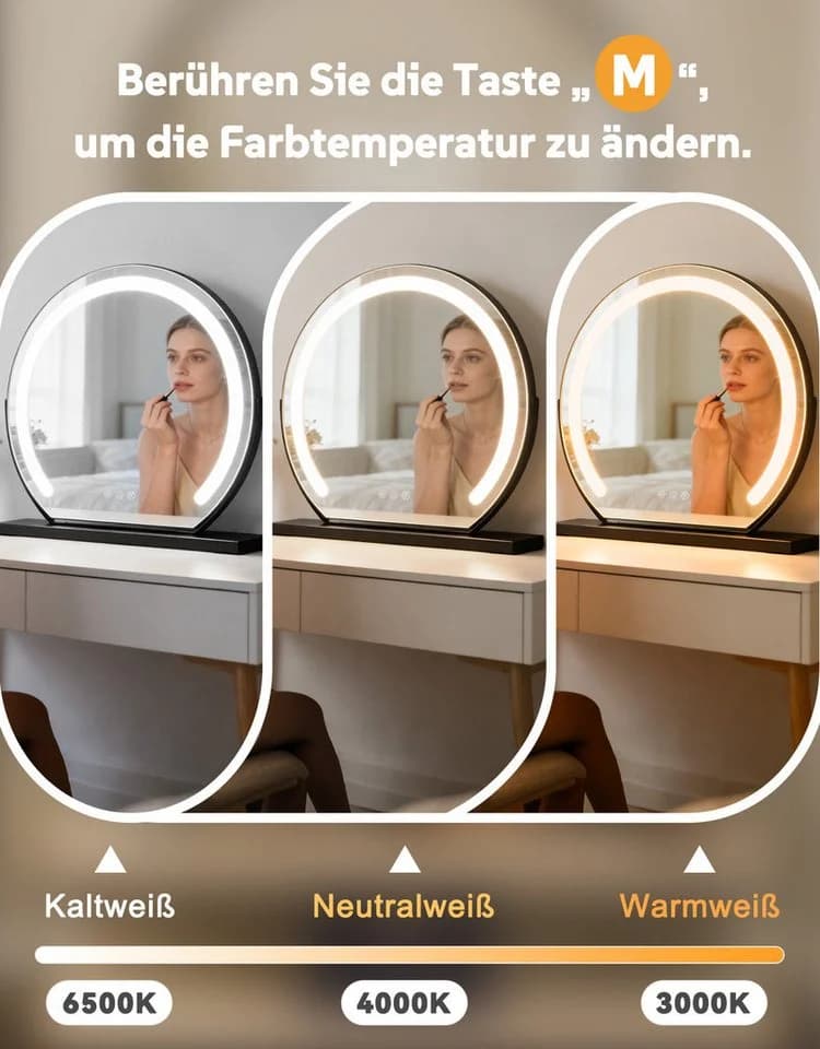 ZMH Schminkspiegel mit LED-Beleuchtung, dimmbar, Touch, Memory-Funktion, Schwarz