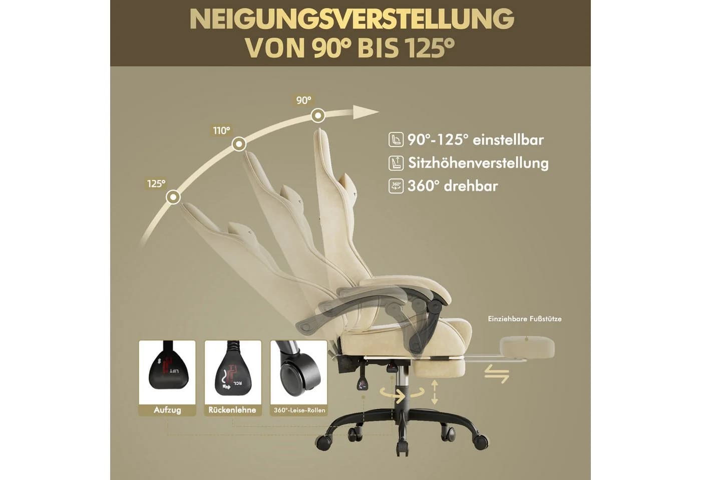 Ferghana Gaming-Stuhl Ergonomisch mit Samtstoff Kopfstütze Lendenkissen Armlehnen Fußstütze - Bild 3
