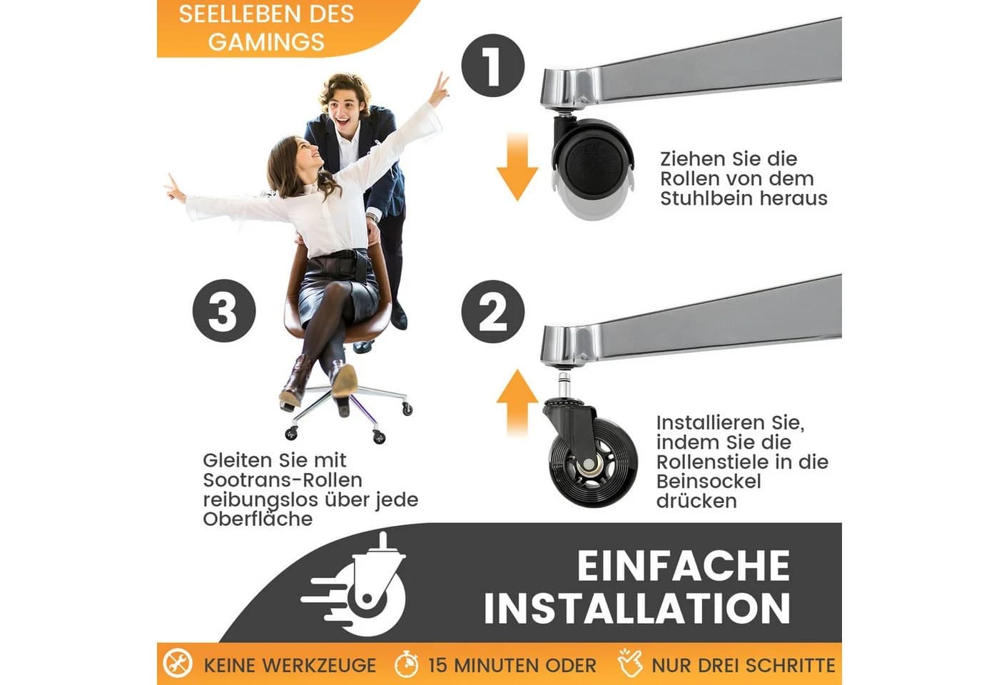 Ferghana Bürostuhlrollen 11mm x 22mm, 5er Set, Universal Hartbodenrollen - Bild 4
