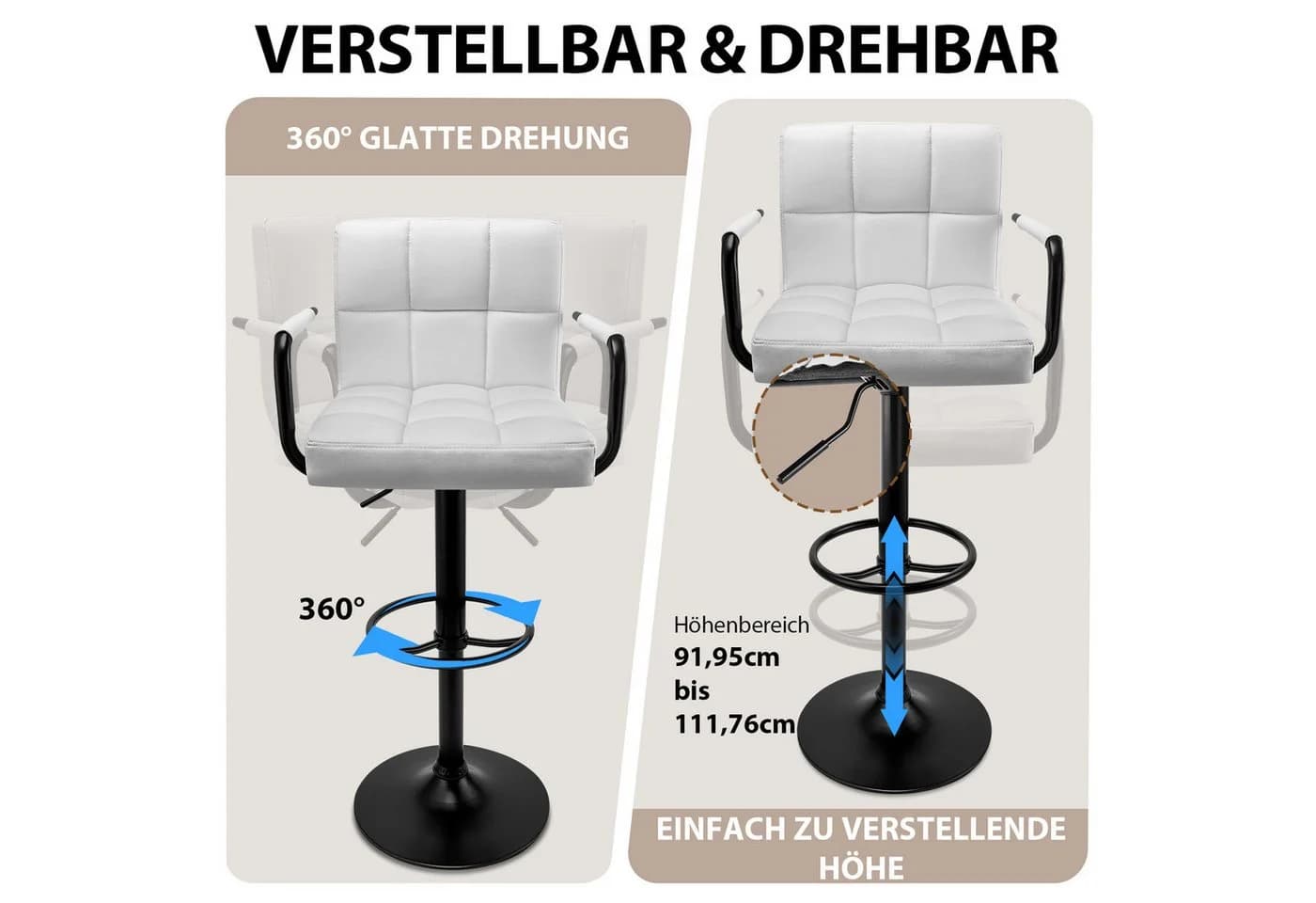 Huracan Barhocker 2er Set höhenverstellbar Schwarz PU-Leder - Bild 5
