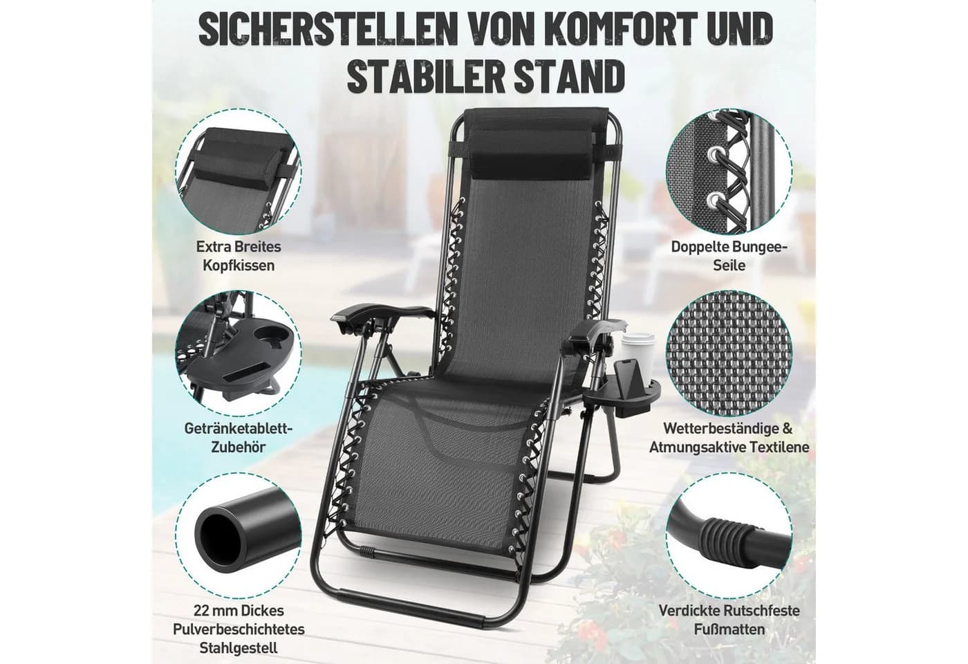 Huracan Gartenliege Sonnenliege Klappbar Schwarz