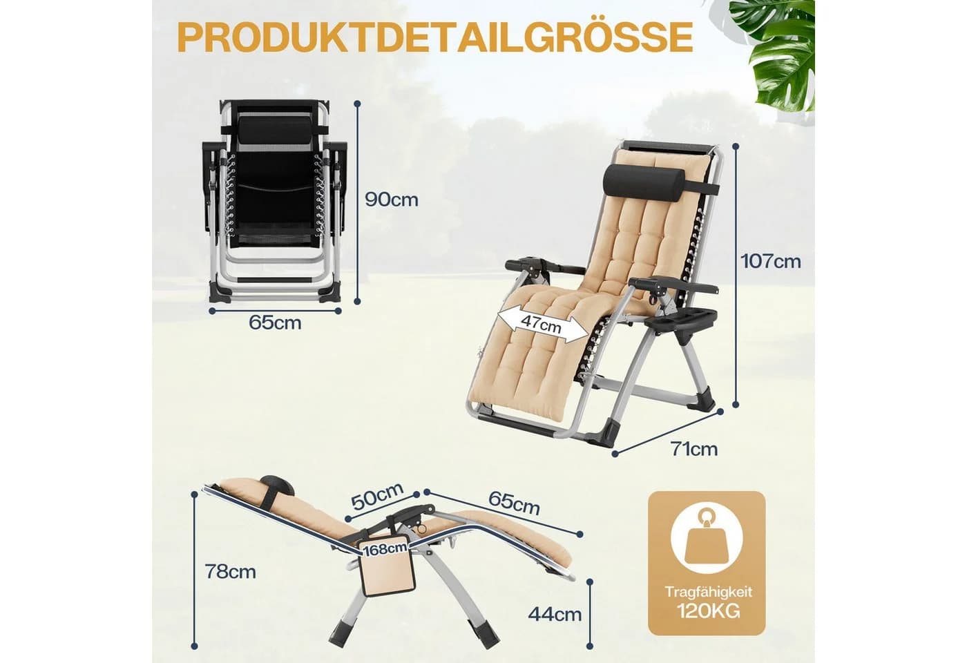 Huracan Gartenliege Klappbar mit Polster & Verstellbarer Lehne Beige