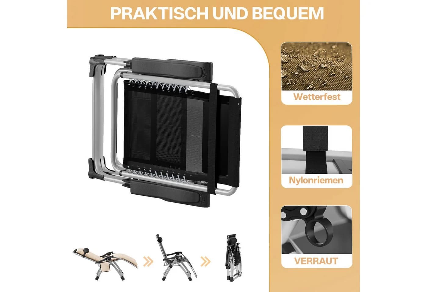 Huracan Gartenliege Klappbar mit Polster & Verstellbarer Lehne Beige - Bild 5