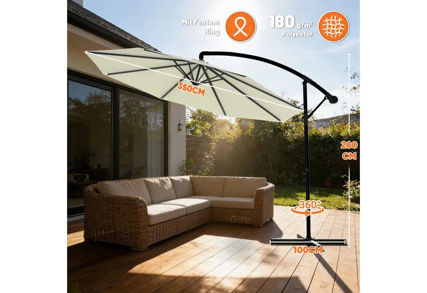 Huracan Sonnenschirm Ampelschirm mit LED Solar & Kurbel