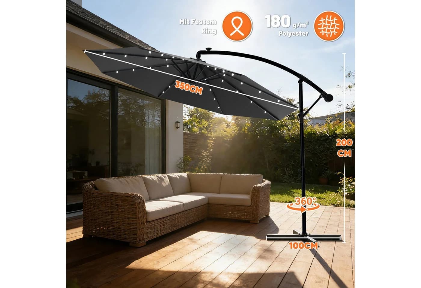Huracan Sonnenschirm LED Solar Ø 250-350cm Ampelschirm mit Kurbel