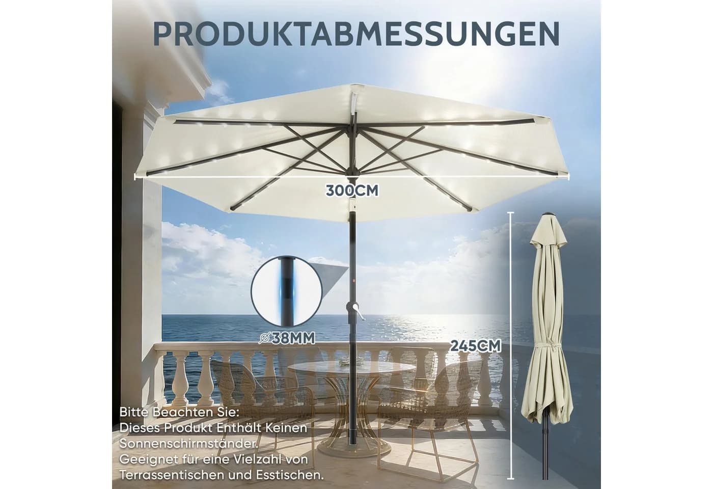 Huracan Sonnenschirm neigbar mit LED, 300/350 cm, Beige/Anthrazit
