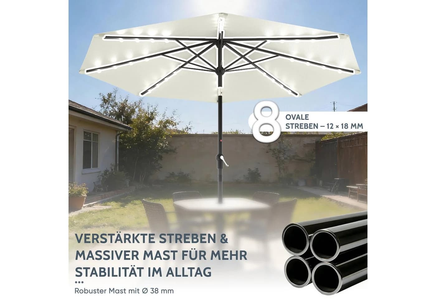 Huracan Sonnenschirm neigbar mit LED, 300/350 cm, Beige/Anthrazit - Bild 5