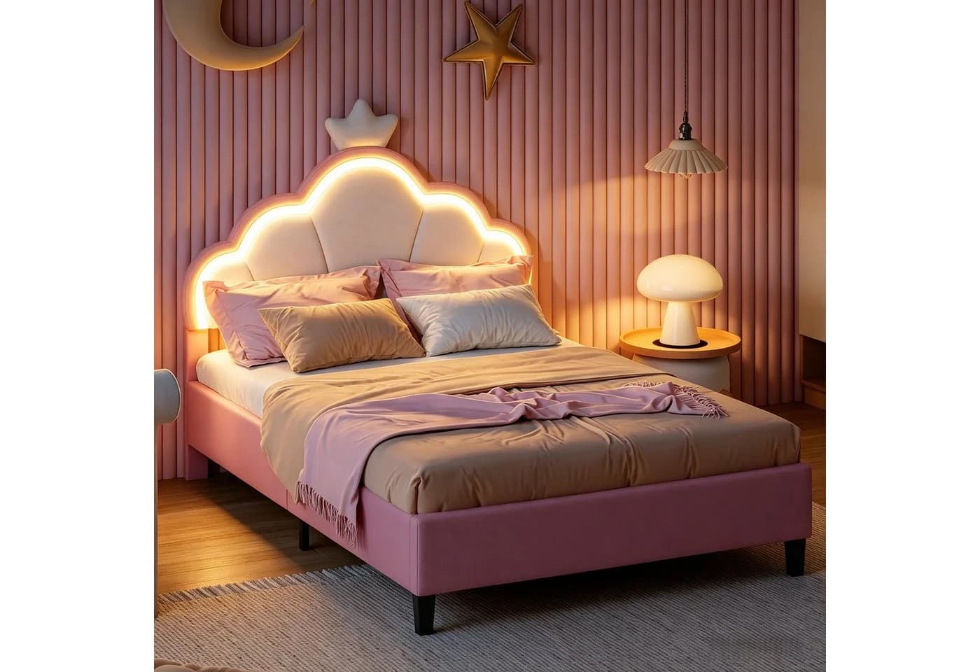 Furnishings Home Polsterbett mit LED und Kopfteil Rosa Samt - Bild 2