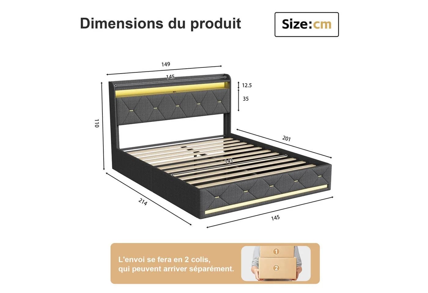 Gdood LED Polsterbett mit Stauraum und kabellosem Laden - Bild 3