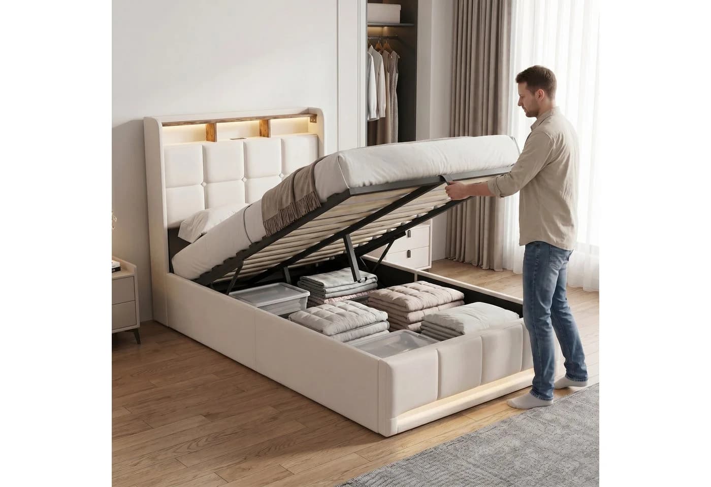 Furnishings Home Polsterbett mit LED, Stauraum und Lattenrost Beige