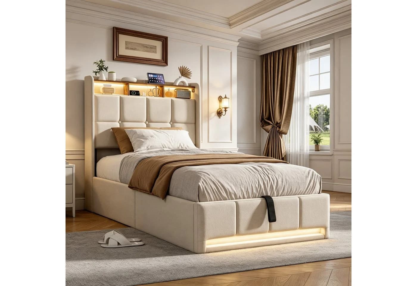 Furnishings Home Polsterbett mit LED, Stauraum und Lattenrost Beige - Bild 2