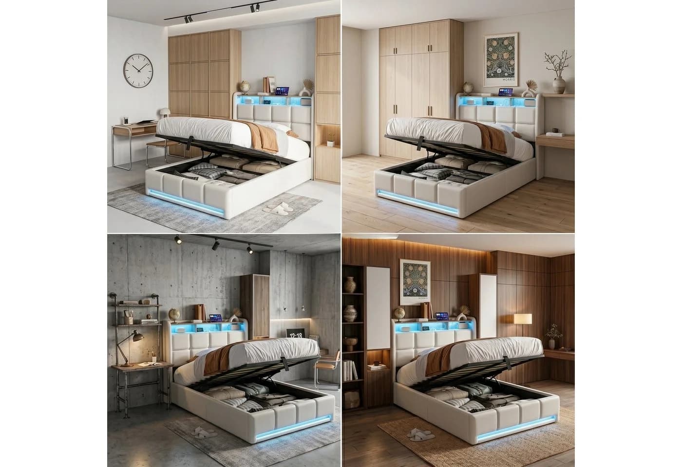 Furnishings Home Polsterbett mit LED, Stauraum und Lattenrost Beige - Bild 4