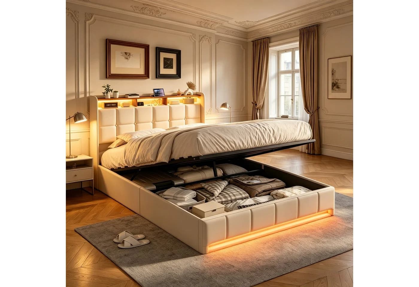 Furnishings Home LED Polsterbett mit Stauraum und Lattenrost Beige - Bild 2