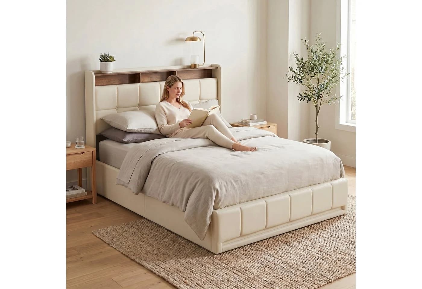 Furnishings Home LED Polsterbett mit Stauraum und Lattenrost Beige - Bild 3