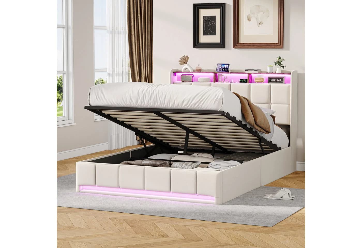 Furnishings Home LED Polsterbett mit Stauraum und Lattenrost Beige - Bild 4