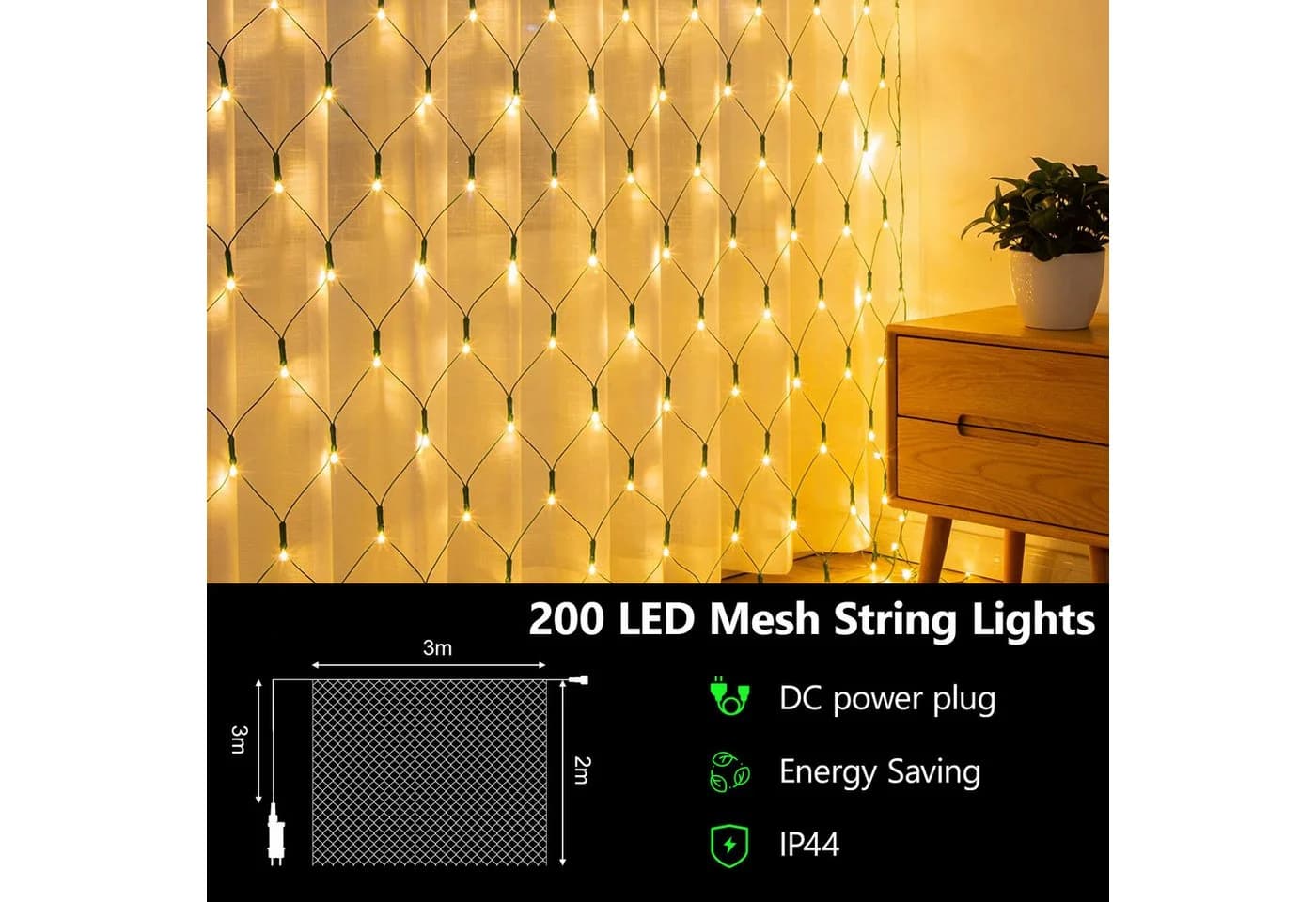 OZAVO LED-Lichternetz 200-flammig mit Fernbedienung Timer warmweiß
