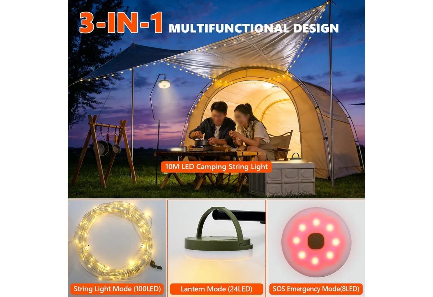 OZAVO LED-Lichterkette Camping 100-flammig 3-in-1 Beleuchtung