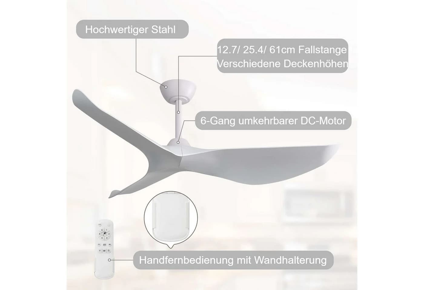 Sofucor Deckenventilator 132cm Weiß DC Fernbedienung 3 Flügel - Bild 4
