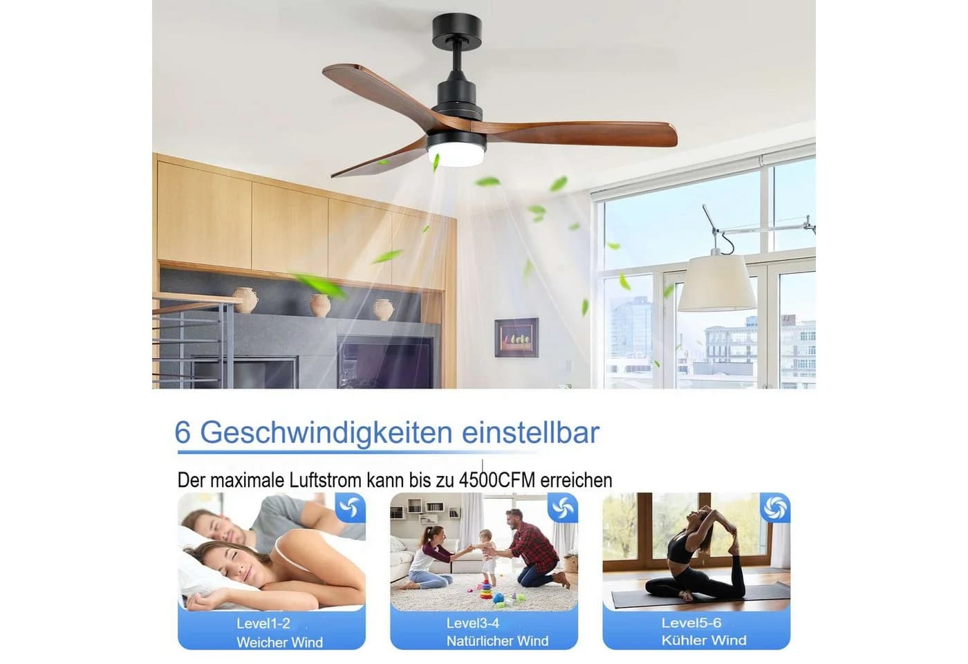 Sofucor Deckenventilator mit LED-Beleuchtung und Fernbedienung, 3 Massivholz-Flügel - Bild 5