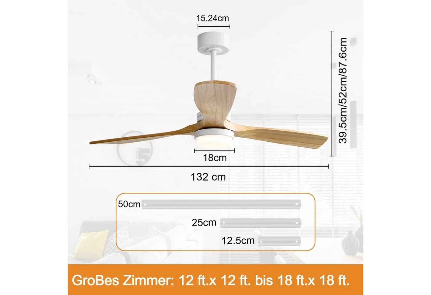 Sofucor Deckenventilator mit LED 132cm 3 Holzflügel