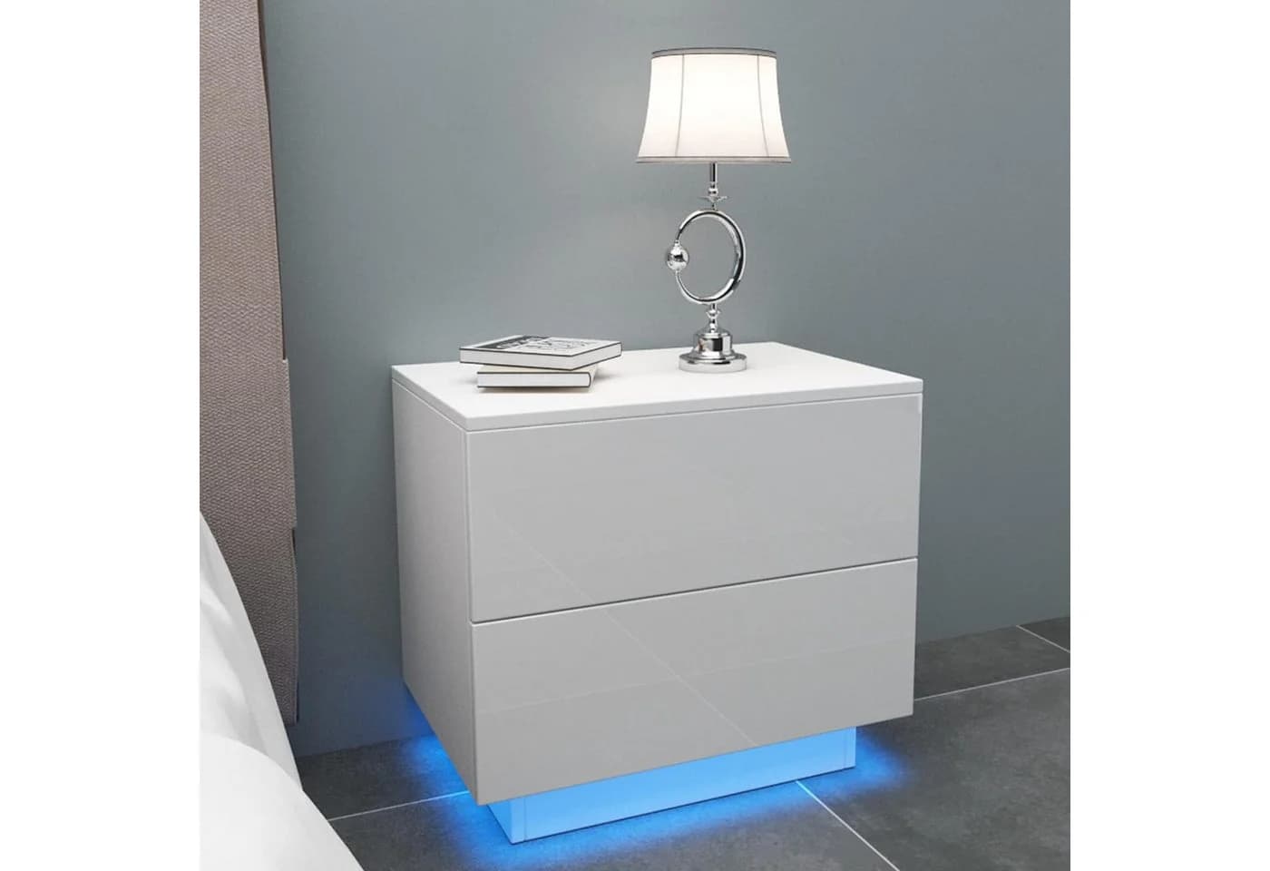 YOLEO Nachttisch mit LED-Beleuchtung und 2 Schubladen Weiß Hochglanz - Bild 3