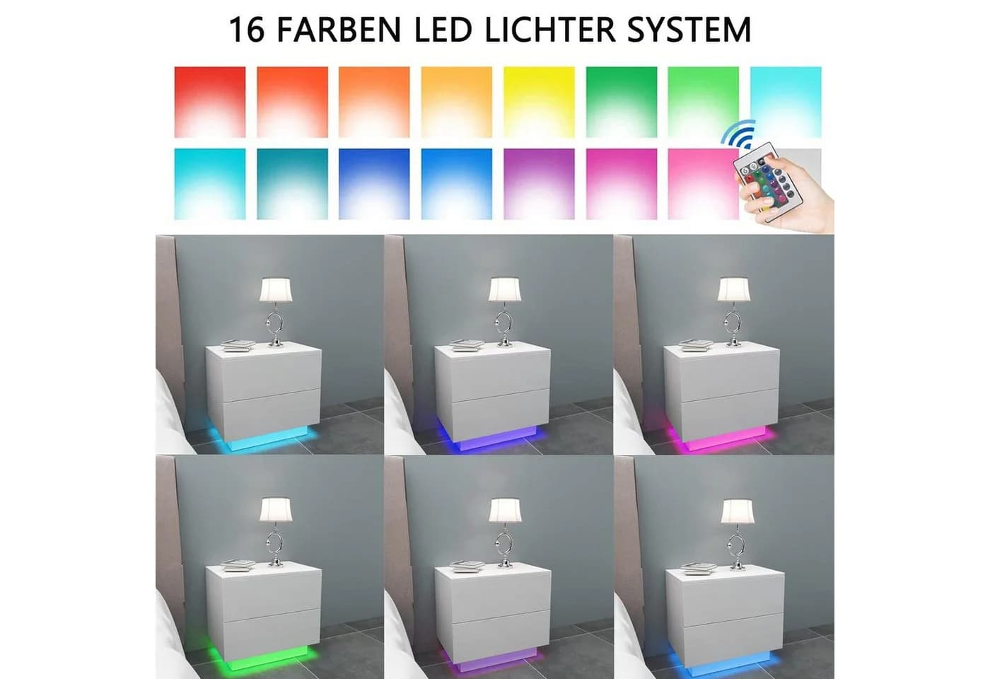YOLEO Nachttisch mit LED-Beleuchtung und 2 Schubladen Weiß Hochglanz - Bild 5