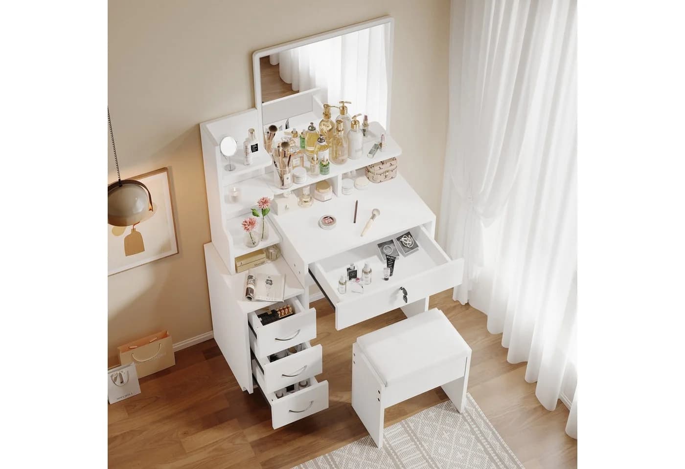 Dripex Schminktisch Set mit Spiegel und Hocker 4 Schubladen Weiß - Bild 4